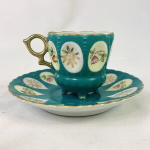 VTG Ohashi Teal Green Gold Demitasse 4-Footed Tea Cup & Saucer Occupied Japan
